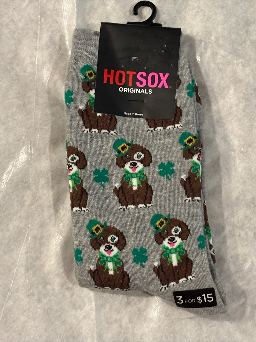 Hot Sox Grey Crew Socks with Brown Puppy and Green Shamrocks